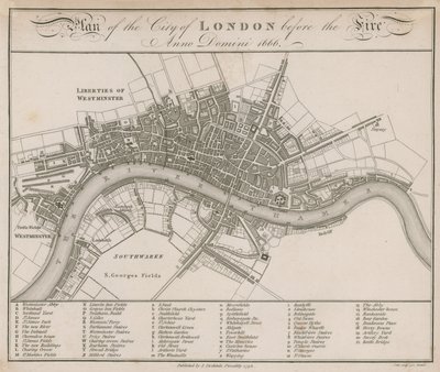 Plan för staden London före branden 1666 av English School