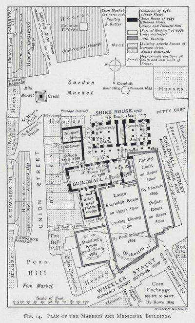 Plan över marknaderna och kommunala byggnader (gravyr) av English School