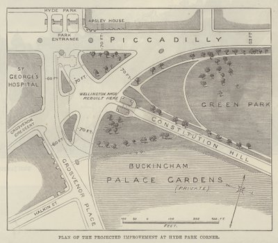 Plan för den planerade förbättringen i Hyde Park Corner (gravyr) av English School