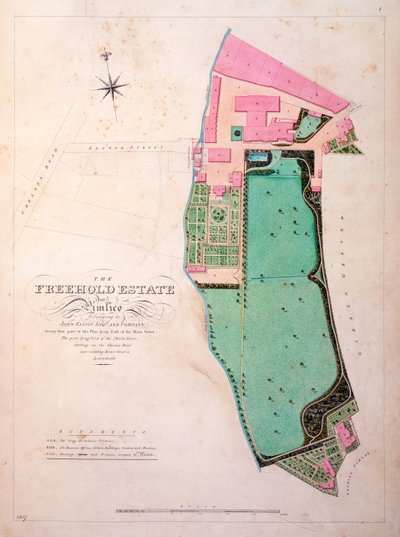 Plan över Stag Brewhouse Premises and Estate, originalmanuskript från George Saunders kontor, ca 1807 (penna, wc och penna och bläck på papper) av English School