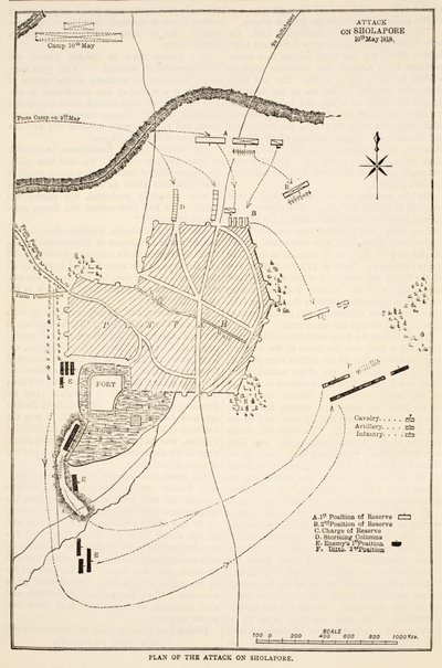 Plan för attacken mot Sholapore, illustration från Cassells Illustrated History of India av James Grant, pub. 1879 av English School