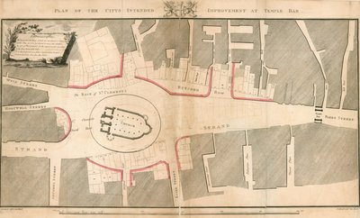 Plan över stadens avsedda förbättring vid Temple Bar, London av English School
