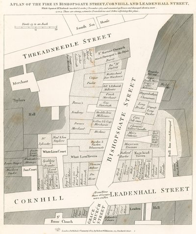 Plan över branden i Bishopsgate Street, Cornhill och Leadenhall Street, London, som började den 7 november 1765 av English School