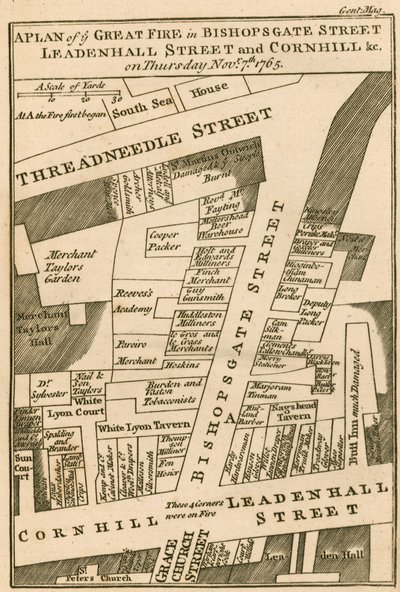 Plan över branden i Bishopsgate Street, Cornhill och Leadenhall Street, London, som började den 7 november 1765 av English School
