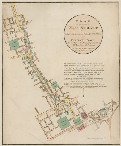 Plan över den tilltänkta nya gatan (Regent Street) mellan Pall Mall och Portland Place av English School