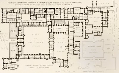 Plan över huvudvåningen i Hampton Court Palace som det var under kung Henry VIII:s regeringstid, från History of Hampton Court Palace i Tudor Times av Ernest Law, publicerad London 1885 av English School