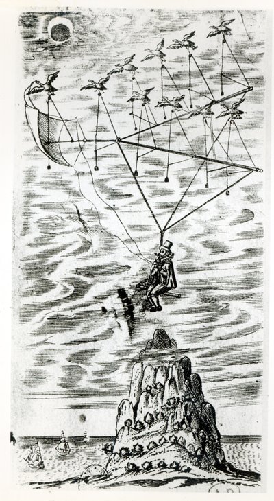 Plane, illustration från frontispicen av The man in the moone eller en diskurs om en resa dit av Domingo Gonsales, the speedy Messenger av Francis Godwin (1562-1633), publicerad postumt i av English School