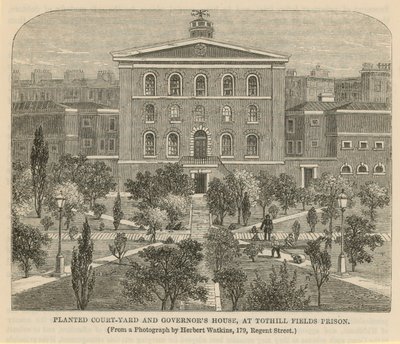 Planterad gårdsplan och Governors House vid Tothill Fields Prison av English School