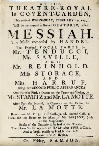 Playbill som annonserar en föreställning av Händels oratorium, 
