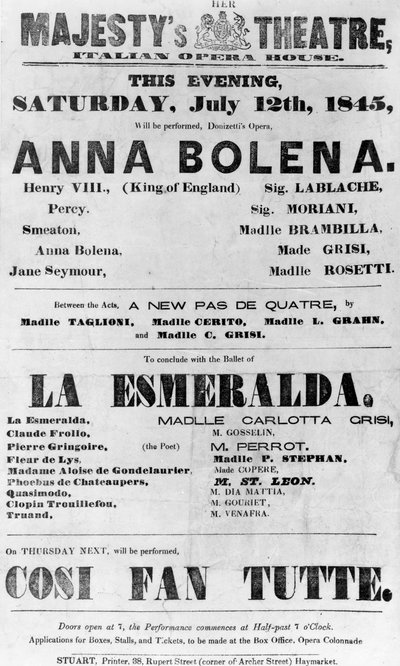 Spelbiljett för Hennes Majestäts teater, Italienska operan, 1845 (tryckt papper) av English School