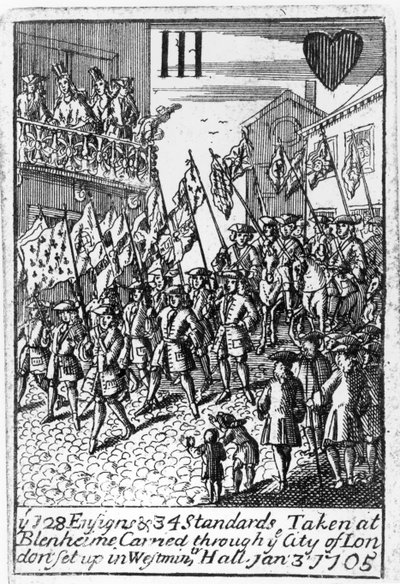 Spelkort som visar fänrikarna och standarderna tagna i Blenheim, bärs genom City of London, 3 januari 1705 av English School