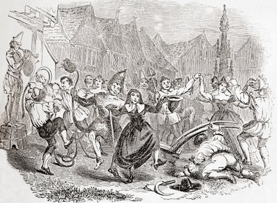 Plogmåndagsfirande, dansen av Bessie och Clownen, från Gamla England: Ett bildmuseum, pub. 1847 av English School