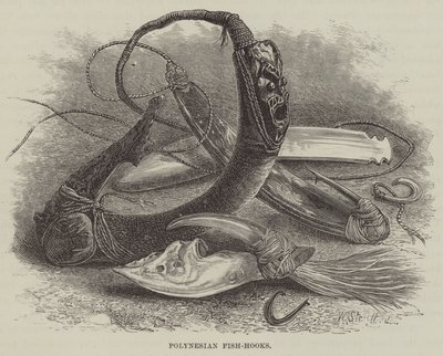Polynesiska fiskkrokar (gravyr) av English School