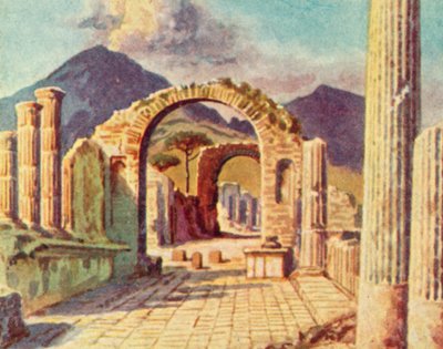 Pompeji, utsikt mot Vesuvius (färglitografi) av English School