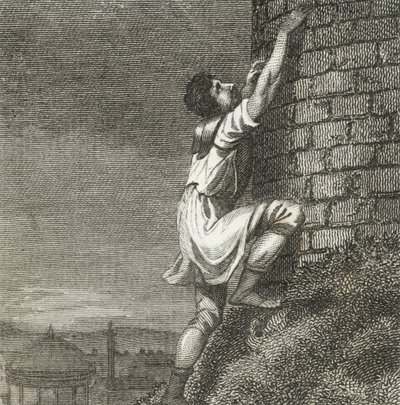 Pontius Comminius klättrar upp till citadellet (gravyr) av English School