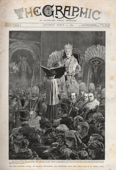 Påven Leo XIII (Leon XIII) Påvens biskopsjubileum, hans helighet uttalar välsignelsen efter jubileumsmässan i Peterskyrkan, Rom - Illustration för The Graphic, 4 mars 1893. av English School