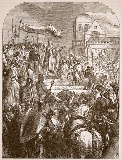 Påven Urban II predikar det första korståget på marknadsplatsen i Clermont, 1096, illustration från Cassells Illustrated History of England (sepiafoto) av English School