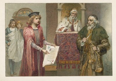 Portia, Shylock och domaren i The Merchant of Venice av English School