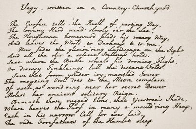 Portion of Greys Elegy, i poeternas handstil, illustration från The Church of England: A History for the People av H.D.M. Spence-Jones, pub. ca 1910 (sepiafoto) av English School
