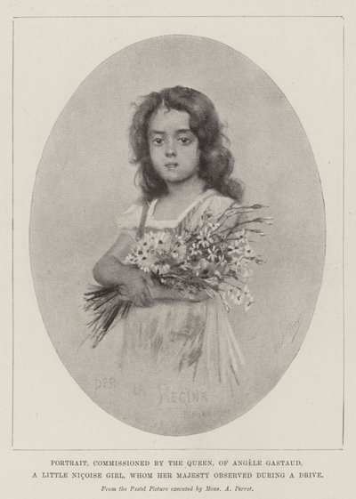Porträtt, på uppdrag av drottningen, av Angele Gastaud, en liten Nicoise Girl, som Hennes Majestät observerade under en bilresa (litho) av English School