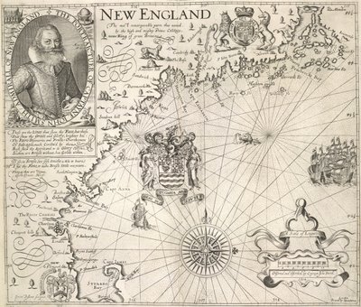 Porträtt av kapten John Smith. En bild av New Englands kust, i "A Description of New England: or the Observations...", av John Smith av English School