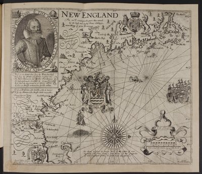 Porträtt av kapten John Smith. En bild av New Englands kust, i "A Description of New England: or the Observations...", av John Smith av English School