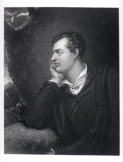 Porträtt av George Gordon, 6:e Lord Byron av Rochdale (1788-1824) (gravyr) (s/v foto) av English School