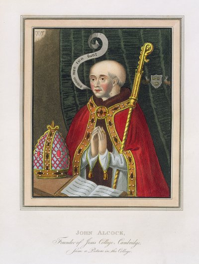 Porträtt av John Alcock (ca 1430-1500), grundare av Jesus College, Cambridge, från The History of Cambridge, pub. av R. Ackermann, 1815 (färgakvatint) av English School