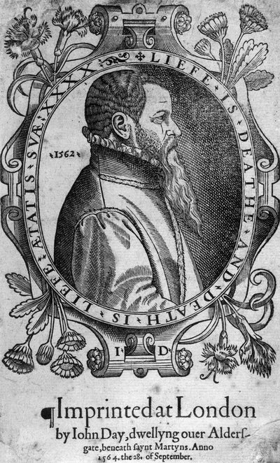 Porträtt av John Day, frontispice till Foxes Book of Martyrs, 1564 av English School