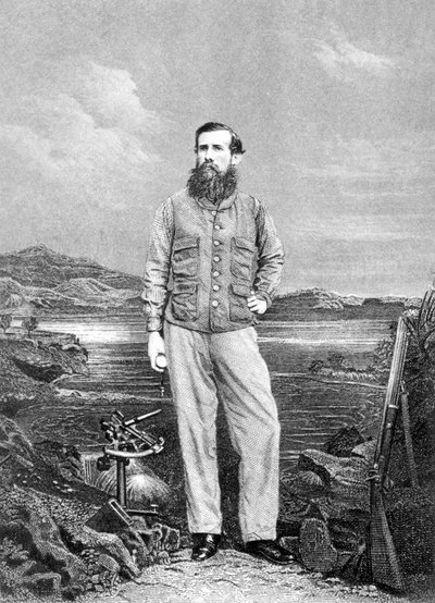 Porträtt av John Speke (1827-64) framför Victoriasjön, frontispice till Journal of the Discovery of the Source of the Nile publicerad 1863 av English School