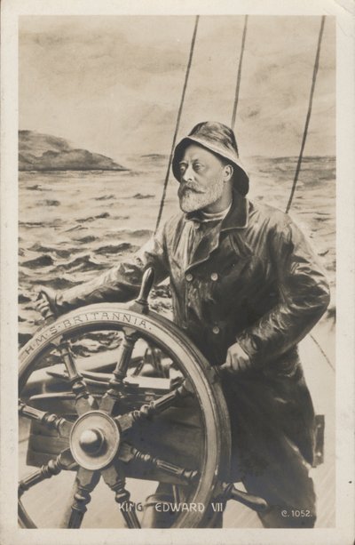 Porträtt av kung Edward VII vid rodret för HMS Britannia (litho) av English School