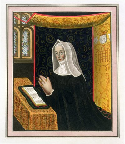 Porträtt av Margaret Beaufort, grevinna av Richmond och Derby (1443-1509), grundare av St. Johns College, Cambridge, från The History of Cambridge, pub. av R. Ackermann, 1815 (färgakvatint) av English School