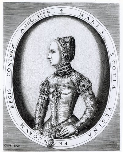 Porträtt av Mary Queen of Scots (1542-87) graverad av Hieronymus Cock (ca 1510-70) 1559 av English School