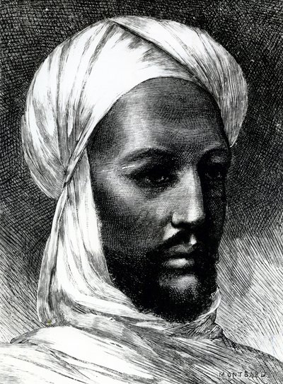 Porträtt av Muhammad Ahmad (1844-1885), känd som Mahdi, ledare för dervischer i krig mot britterna 1884, koloniala krig, Sudan av English School