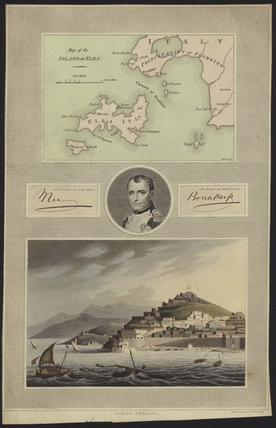 Porträtt av Napoleon Bonaparte med en karta och utsikt över Elba av English School