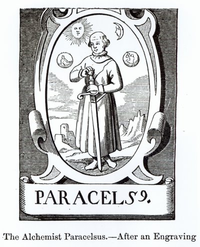 Porträtt av Paracelsus (Philippus Aureolus Theophrastus) (1493-1541), illustration från vetenskap och litteratur under medeltiden och renässansen, skriven och graverad av Paul Lacroix, 1878 (woodc av English School