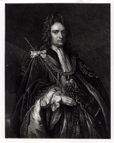 Porträtt av Robert Harley, förste earl av Oxford (1671-1724) (gravyr) (bw foto) av English School