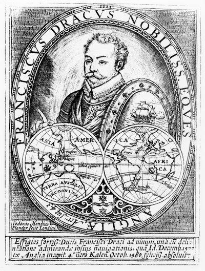Porträtt av Sir Francis Drake (ca 1540-96) vid 43 års ålder, graverad av Jodocus Hondius (1567-1611) av English School