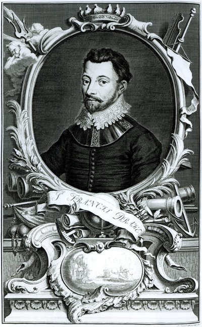 Porträtt av Sir Francis Drake (ca 1540-96) graverad av Jacobus Houbraken (1698-1780) (gravyr) (bw foto) av English School