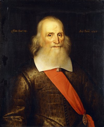 Porträtt av Sir Oliver Cromwell, 84 år, halvlängd, i en broderad dubblett med vit krage och rött skärp, 1647 av English School