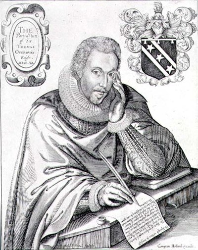 Porträtt av Sir Thomas Overbury (1581-1613) som skriver ut sitt epitafium, graverat av Renold Elstrack (1571-c.1630) 1613 (gravyr) av English School