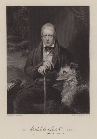 Porträtt av Sir Walter Scott, med hund (gravyr) av English School