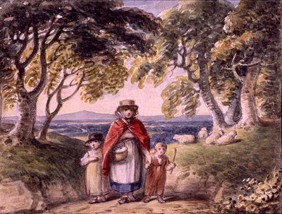 Porträtt av en kvinna och två barn i ett skogslandskap, ca 1820 (akvarell på papper) av English School