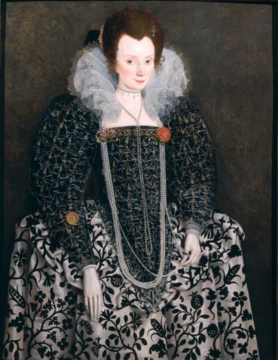 Porträtt av en kvinna, traditionellt identifierad som Mary Clopton (född Waldegrave) från Kentwell Hall, Suffolk, omkring 1600. av English School