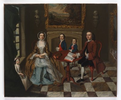 Porträtt av en familj i en interiör, tänkt att vara familjen Roubel, 1750-talet av English School