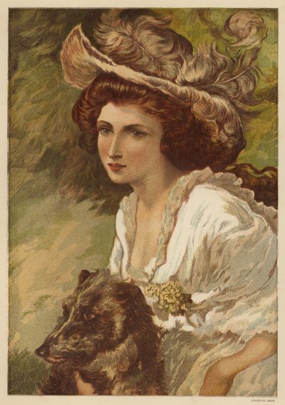 Porträtt av en ung kvinna med en hund (färg litho) av English School