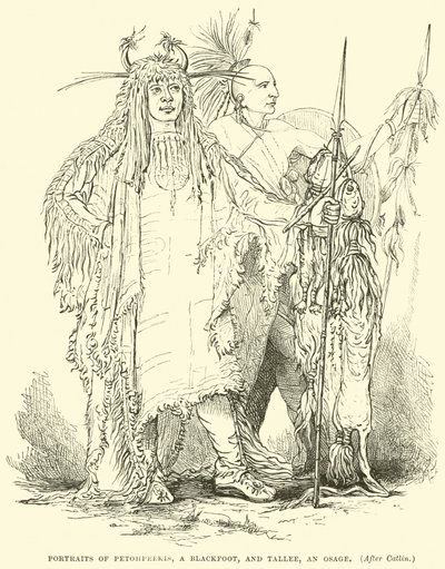 Porträtt av Petohpeekis, en Blackfoot, och Tallee, en Osage av English School
