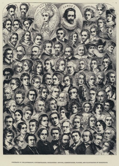 Porträts der Herrscher, Zeitgenossen, Biographen, Herausgeber, Kommentatoren, Schauspieler und Illustratoren von Shakespeare von English School
