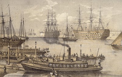Portsmouth Harbour (färgad gravyr) av English School