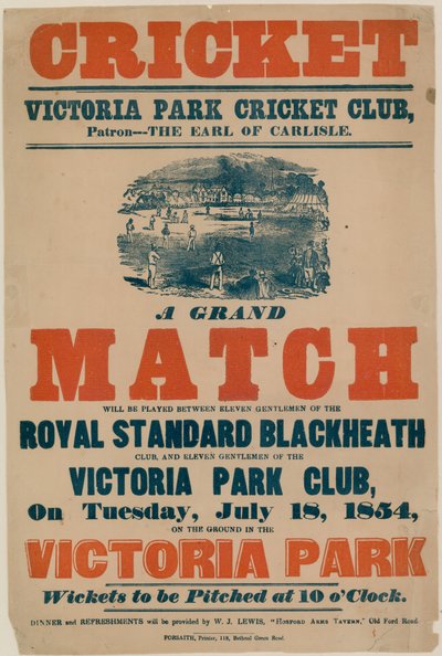 Affisch som annonserar en cricketmatch på Victoria Park Cricket Club den 18 juli 1854 av English School